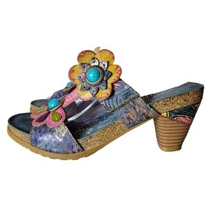 Spring Step L'Artiste Leather Colorful Floral Embossed Slip-on Sandals 9 Boho